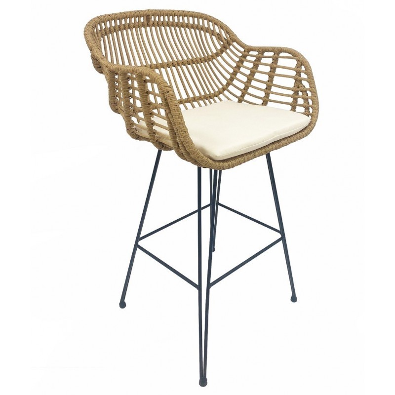 Taburete DEPOK, metal, ratán beige, cojín